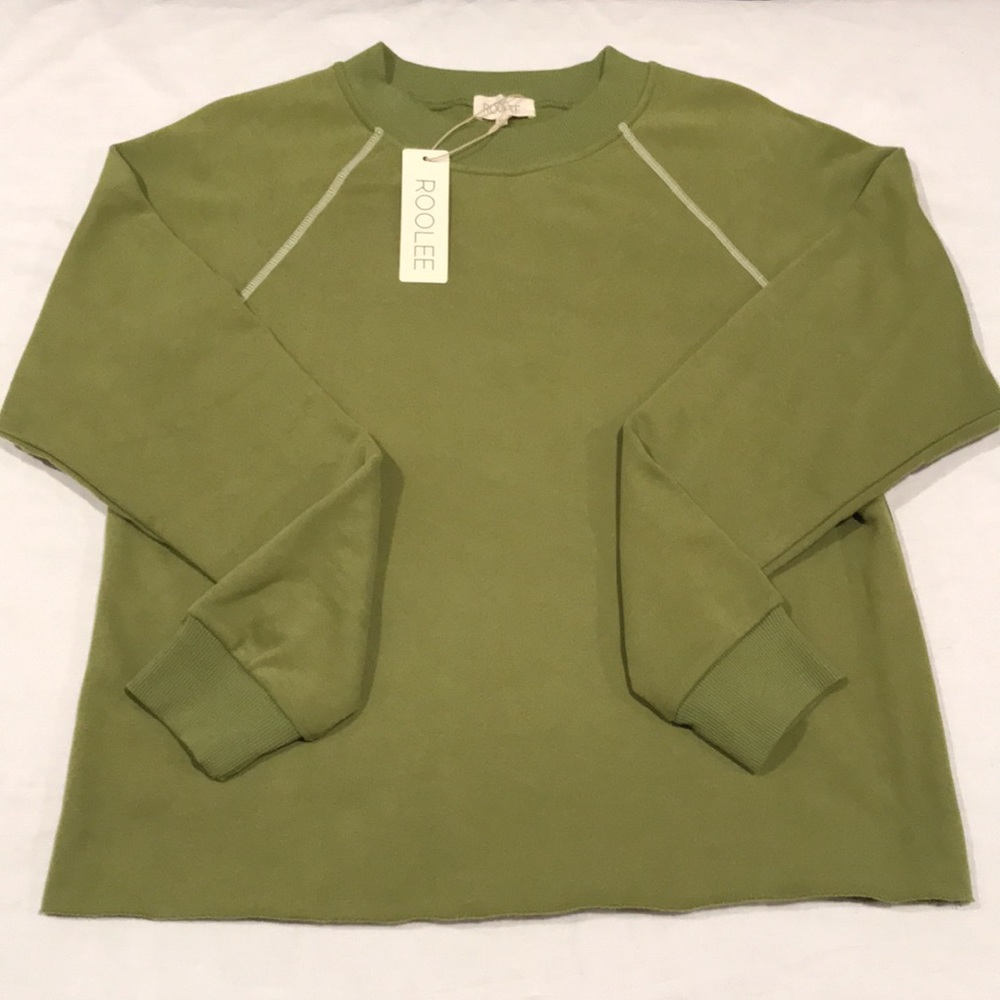 NEW! Roolee Crew Neck Sweatshirt Avocado Green White Stitching M